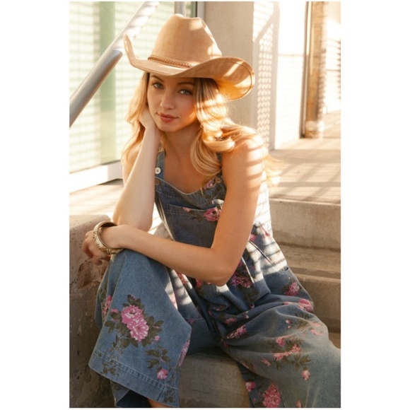 Bibi Floral Print Dark Wash Pockets Wide leg Denim Bib jumpsuit - Picture 5 of 5